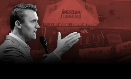 YouTube thumbnail graphic showing Charlie Kirk in black and white against a red background showing the text where he was assassinated.