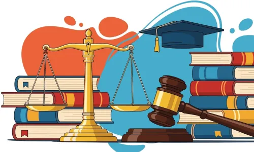 llustration with scales of justice gavel law books graduation cap