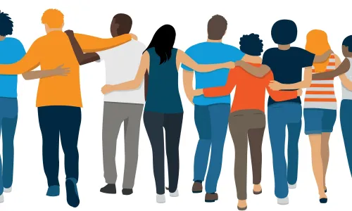 Illustration of group of friends supporting each other concept of solidarity and mutual aid (Image via Shutterstock.com)
