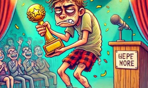 Illustration of a grumpy person receiving an award