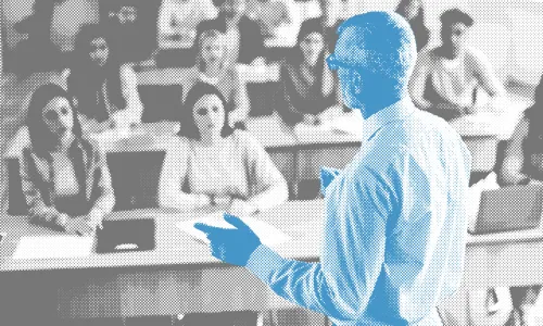 Black and white photo of students in a college lecture hall looking at a professor who is shaded blue.