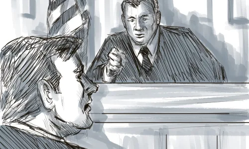 Pencil and ink sketch of a courtroom with judge speaking from the bench (Image via Shutterstock.com)