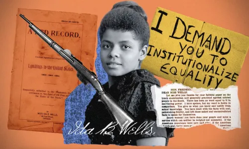 Collage showing a black and white photo of Ida B. Wells next to a shotgun and some of her publications.