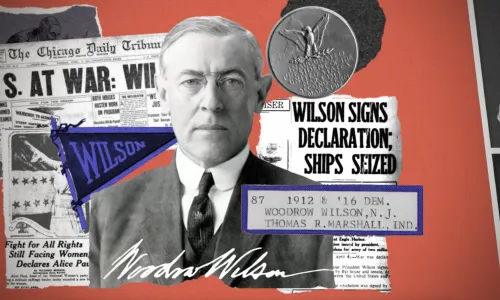 Collage showing Woodrow Wilson in front of newspaper headlines about censorship under his administration.