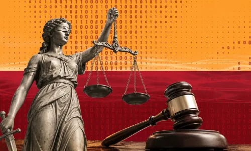 Illustrated collage showing a statue of justice and gavel against a red and gold background with binary code faintly visible, indicating digital technology and artificial intelligence.