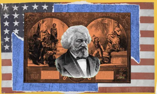 Collage showing Frederick Douglass in front of the USA flag