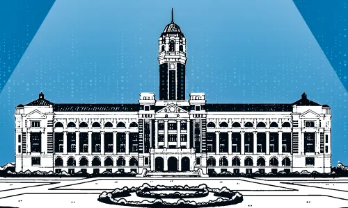 Illustration showing a classical college building in black and white with a blue background and a spotlight shining down from overhead.