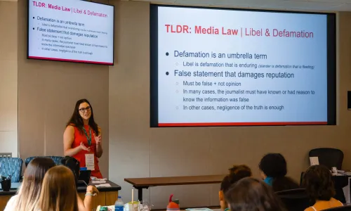 Photo of Marie McMullan, FIRE Program Manager and Counsel for Student Press Freedom Initiative, speaks to students on campus.