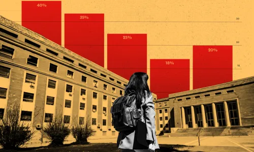Photo collage showing a student wearing a backpack in black and white against a yellow-tinted background of college buildings and bar graphs