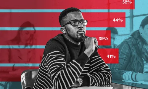 Photo collage showing a college student sitting at a desk in black and white against a blue-tinted background showing more students with red bar graphs