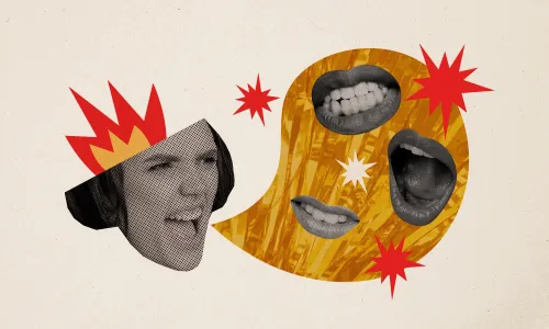 Composite collage image of angry speech bubble argument mouth fire. (Image via Shutterstock.com)