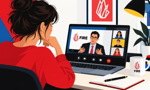 Stylized illustration of a young woman sitting at a desk and looking at a laptop and watching a webinar.