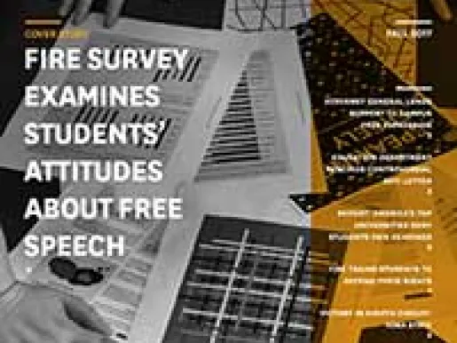 Cover of the Fall 2017 FIRE Quarterly showing a desk covered with papers and the headline: "COVER STORY FALL 2017 QUARTERLY FIRE SURVEY EXAMINES STUDENTS’ ATTITUDES ABOUT FREE SPEECH"