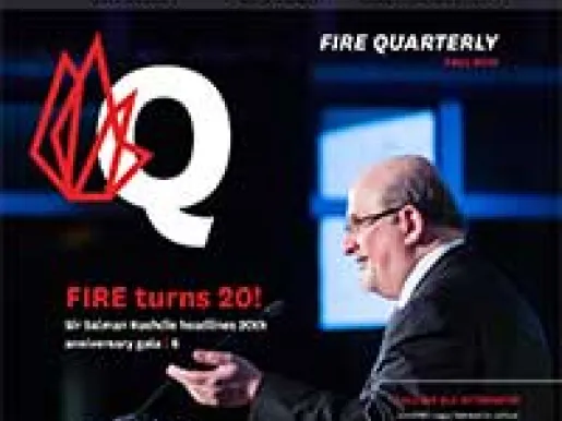 Salman Rushdie speaking at the 2019 FIRE gala