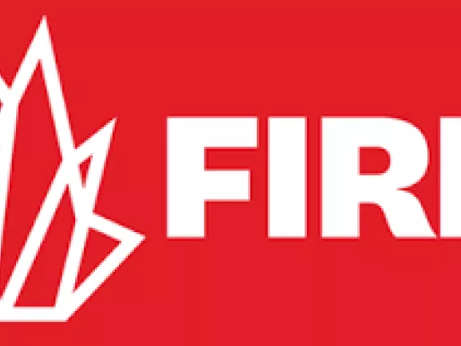 FIRE logo in all capital white letters against a red background
