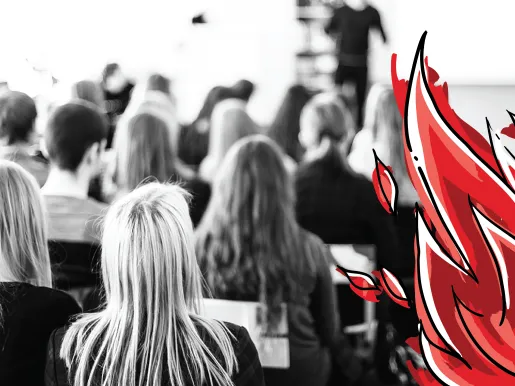 Black and white image of students in a classroom with a flame illustration