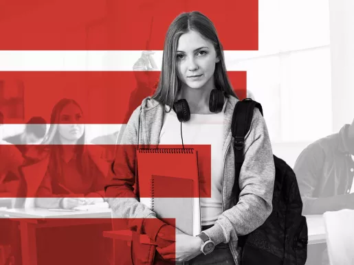 Image of a college student with a sad look on her face set against a bar graph to reflect survey results.