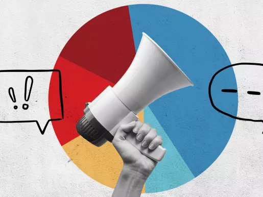 Person holding a megaphone with speech bubbles around it.