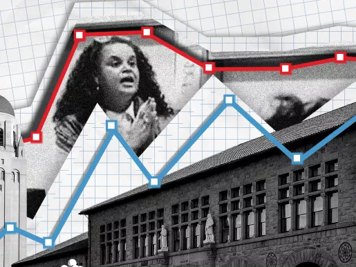 Black and white photo of the Stanford campus with a pie chart indicating polling or data