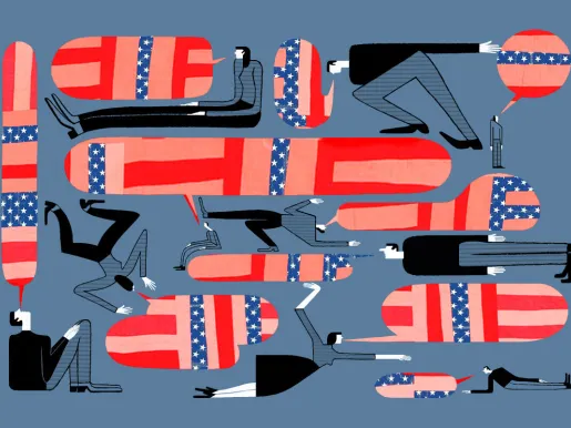 Cartoon illustration of people speaking and in their speech bubbles are red white and blue, concept indicating the USA flag.