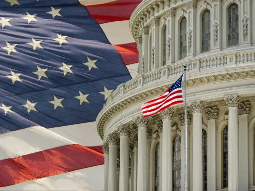 Capitol Building dome with an American flag in the background in Washington DC