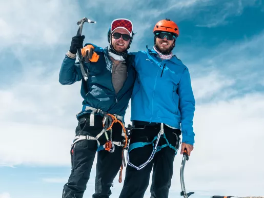 Alex and Connor on the summit of Middle Teton mid-way through Teton Trifecta