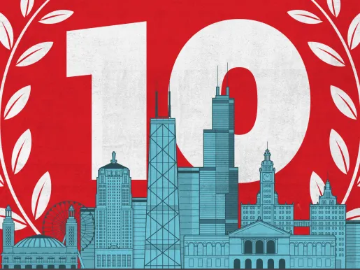 Illustration of Chicago skyline flanked by laurels and the number 10, indicating the 10th anniversary of the Chicago Statement.