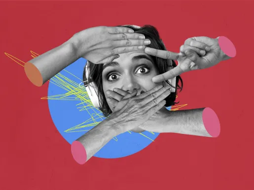 Collage young woman face head body fragment with hands covering mouth censorship