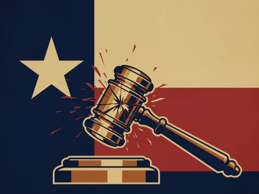 Gavel cracking in front of Texas flag