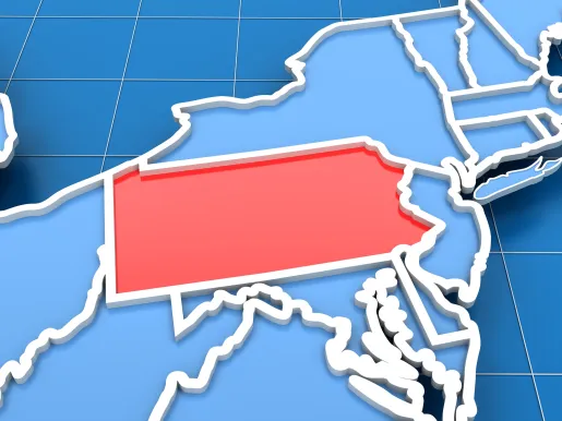 3d render of USA map with Pennsylvania state highlighted in red