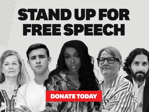 Black and white images of FIRE clients under the words "STAND UP FOR FREE SPEECH"