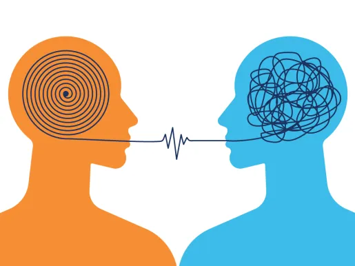 Illustration of two human figures, one orange and one blue, with strings in their heads and coming out their mouths while looking at each other.