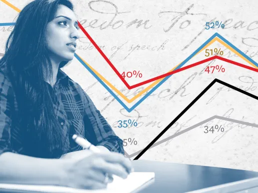 Blue-tinted image of a young female college student in the foreground with line graphs in the background