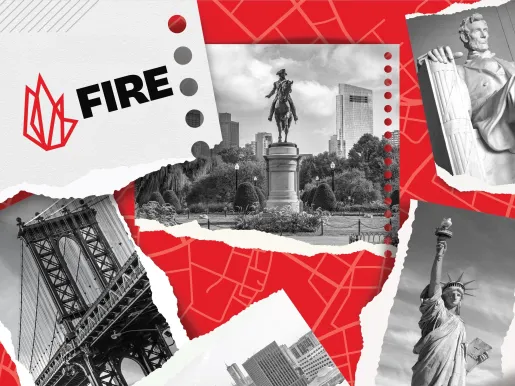 FIRE logo and scrapbook images including the Lincoln Memorial, Brooklyn Bridge, and Statue of Liberty