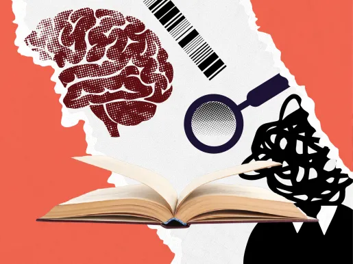 Clip art collage including a brain and magnifying glass, indicating freedom of conscience.