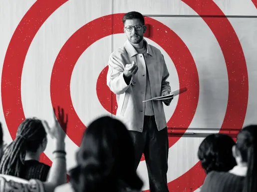 Graphic showing a black and white photo of a teacher at the front of a classroom filled with students with a red bullseye target over the teacher
