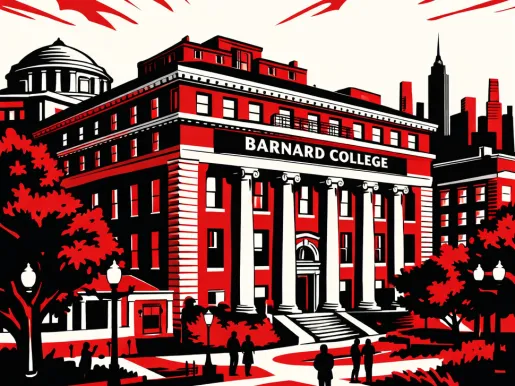 Illustration in red, white, and black of the Barnard College campus.