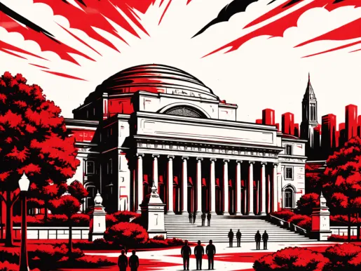 Illustration in red, white, and black of the Columbia University campus.