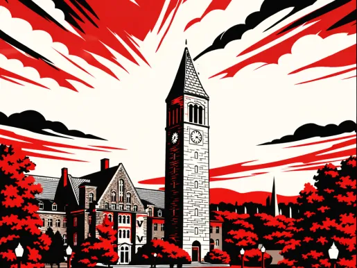 Illustration in red, white, and black of the Cornell University campus.