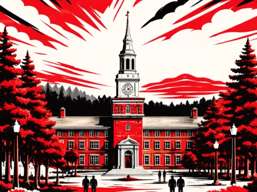 Illustration in red, white, and black of the Dartmouth College campus.