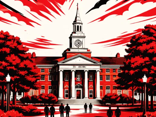 Illustration in red, white, and black of the Davidson College campus.