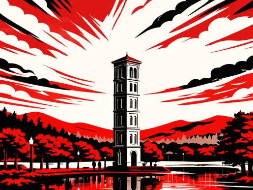 Illustration in red, white, and black of the Furman University campus.