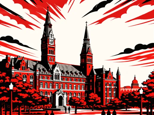 Illustration in red, white, and black of the Georgetown University campus.