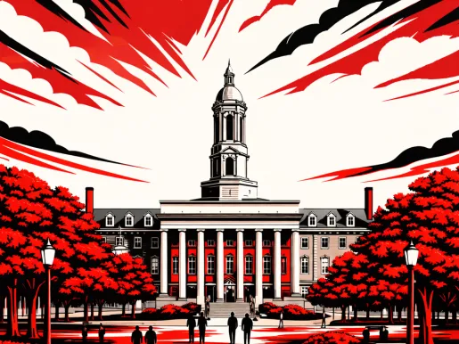 Illustration in red, white, and black of the Penn State University campus.