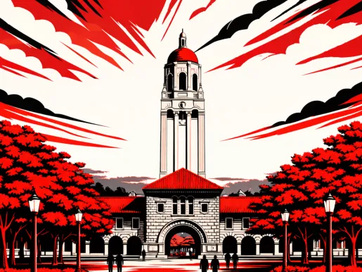 Illustration in red, white, and black of the Stanford University campus.