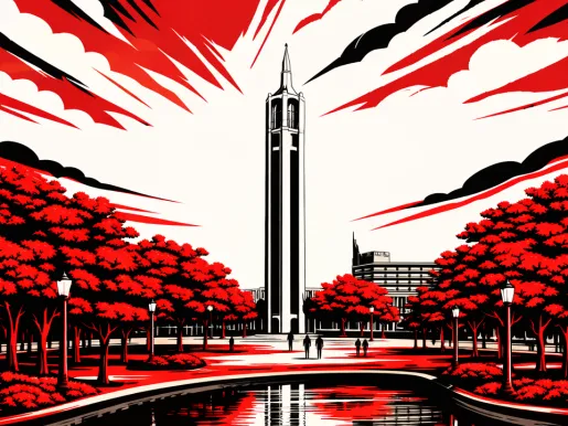 Illustration in red, white, and black of the UC Davis campus.