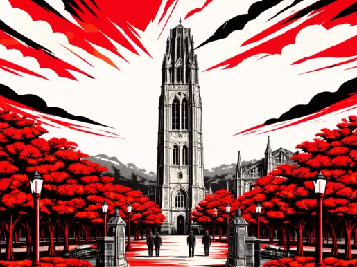 Illustration of Yale University in red, white, and black.