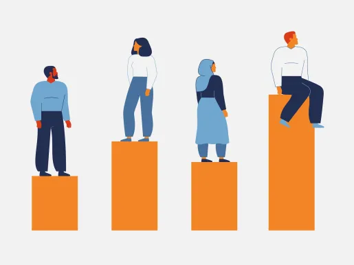 Men and women in unequal positions on bar graphs concept showing bias and discrimination