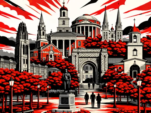 Illustration in red, white, and black of the schools in the New England Small College Athletic Conference 