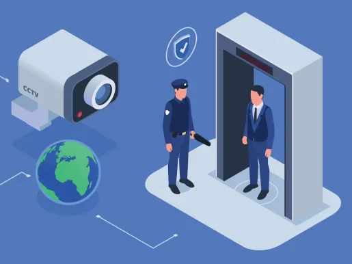 Security service monitoring system metal detecting gates illustration.
